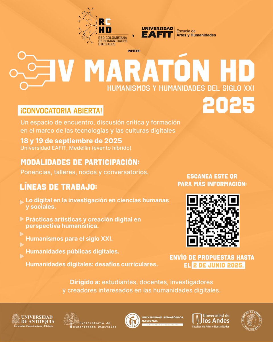 Exploratorio Humanidades Digitales UdeA (@exploratoriohd) on Twitter photo 📣 ¡Vuelve la #MaratónHD!
Junto con la <a href="/ReHDi_Co/">Red Colombiana de Humanidades Digitales</a> les invitamos a compartir saberes, prácticas y reflexiones sobre #HumanidadesDigitales este 18 y 19 de septiembre (modalidad híbrida).
📍Sede: <a href="/EAFIT/">Universidad EAFIT</a>
📅 Recepción de propuestas hasta el 2 de junio.
🔗Info: acortar.link/uo30MY 📣 ¡Vuelve la #MaratónHD!
Junto con la <a href="/ReHDi_Co/">Red Colombiana de Humanidades Digitales</a> les invitamos a compartir saberes, prácticas y reflexiones sobre #HumanidadesDigitales este 18 y 19 de septiembre (modalidad híbrida).
📍Sede: <a href="/EAFIT/">Universidad EAFIT</a>
📅 Recepción de propuestas hasta el 2 de junio.
🔗Info: acortar.link/uo30MY