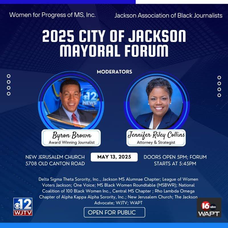 Tonight’s the Night, Jackson!
The Jackson Mayoral Forum is happening TONIGHT — hosted by Women for Progress of MS and the Jackson Association of Black Journalists (JABJ).
#MSBWR is proud to support this important event as a community partner.