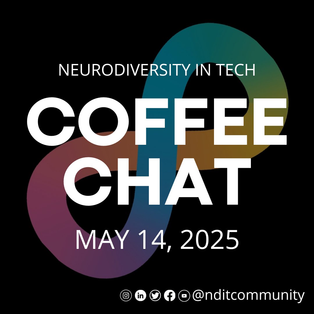 We have our monthly #NeurodiversityInTech digital #coffeechat coming up in 2 days!

Time: 10am MST (12pm EST, 5pm GMT)

RSVP: bit.ly/ndit-cc-may-20…