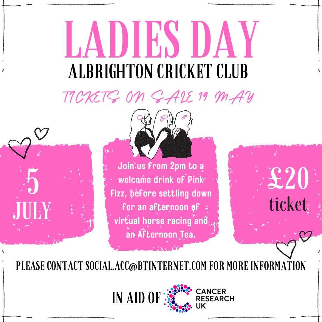 🎀 Ladies Day – Tickets on Sale from 19 May! 🎟️

Join us on Saturday 5 July from 2pm for an afternoon of fun and fundraising.
Tickets are £20, which includes a welcome drink and a delicious afternoon tea.

This year’s Ladies Day is proudly in aid of Cancer Research UK. 💖