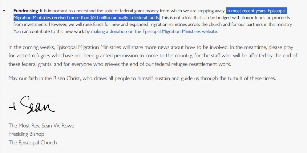 The Episcopal Church's refugee program was getting over $50 Million per year under Biden, and they claim to have resettled 6,533 people from 48 different countries in the U.S. during 2024 alone.

Being asked to resettle &lt;50 white people from South Africa is too much though...