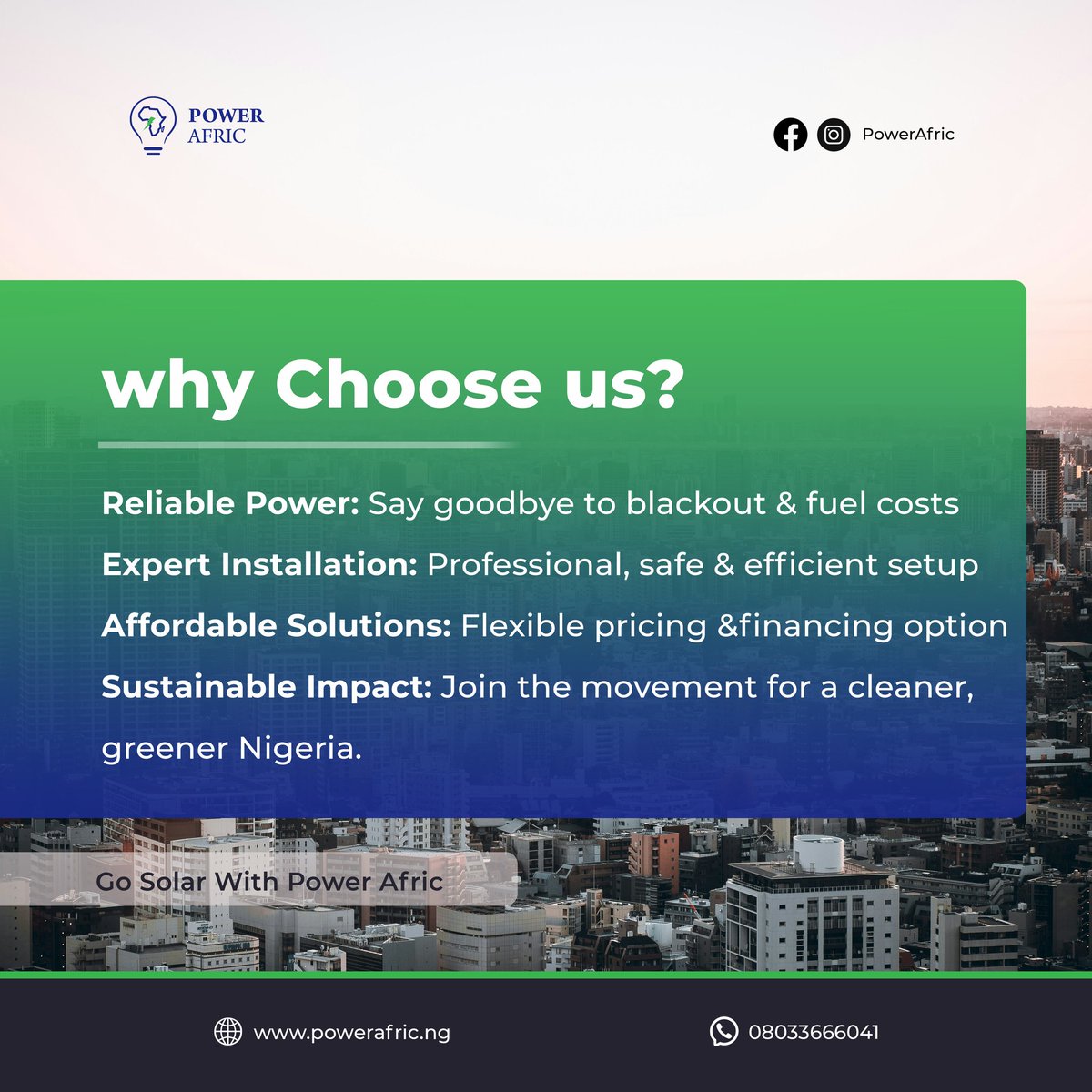 Meet Power Afric — your trusted partner in clean, affordable, and reliable solar energy.

We’re not just providing solar systems — we’re powering change. From tailored consultations to expert installations and long-term support, we make your transition to solar simple and
