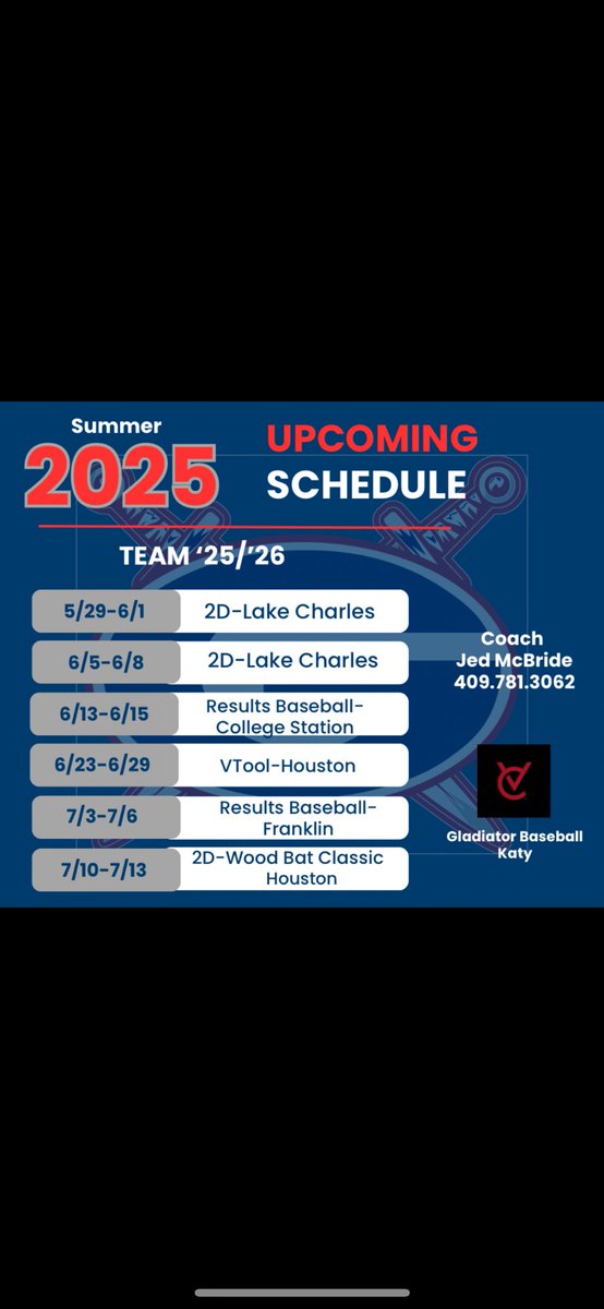 Our Summer Schedule <a href="/JedMcbride/">Jed Mcbride</a> <a href="/GladiatorsKaty/">Gladiators Baseball Katy</a> <a href="/2DsportsLA/">2D Sports Louisiana</a> <a href="/RB_Tournaments/">Results Baseball Tournaments</a>