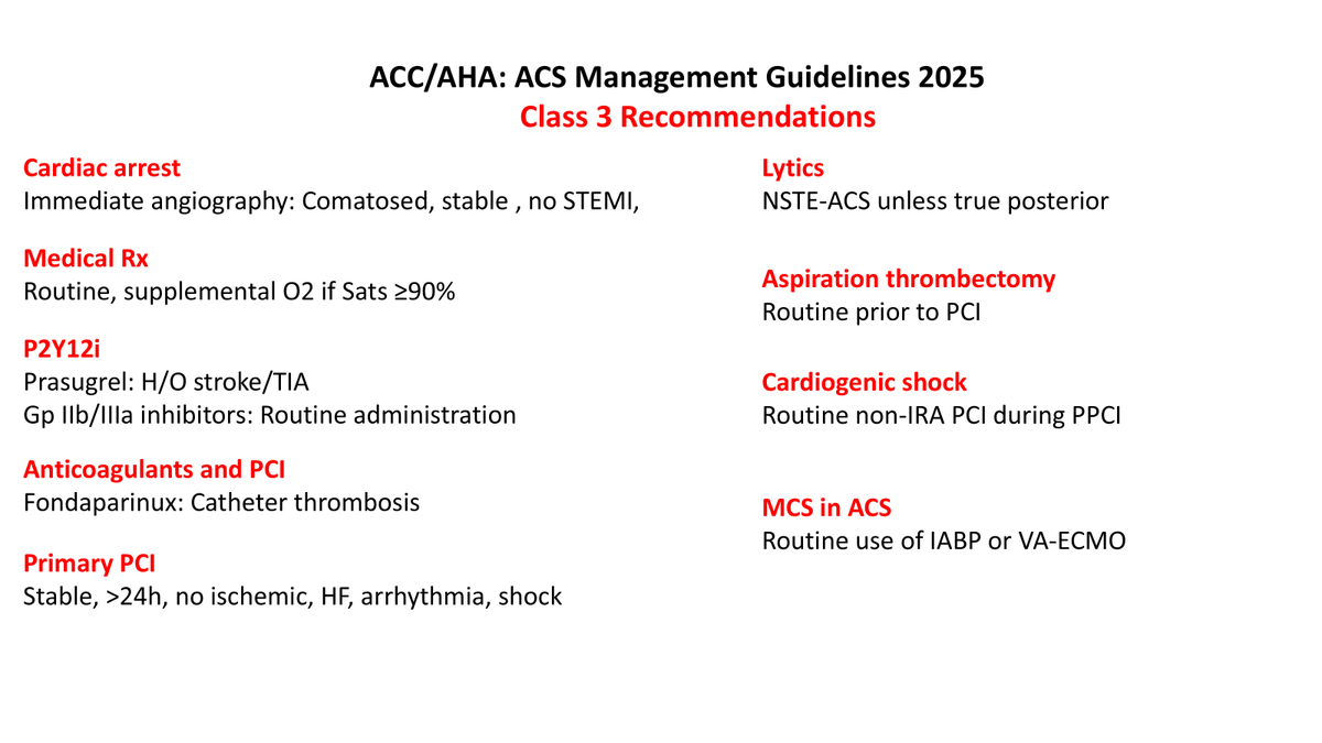 ACC/AHA Class 3 recommendations
: Routine (Thrombectomy, Supplemental O2, MCS, IRA- 
  shock, GP IIb/IIIa, primary PCI &gt;24h)
: Lytics (&gt;24h, NSTEMI),
: For (Fondaparinux),
: Stable Comatosed (Cardiac arrest)
: Patients (Prasugrel)
