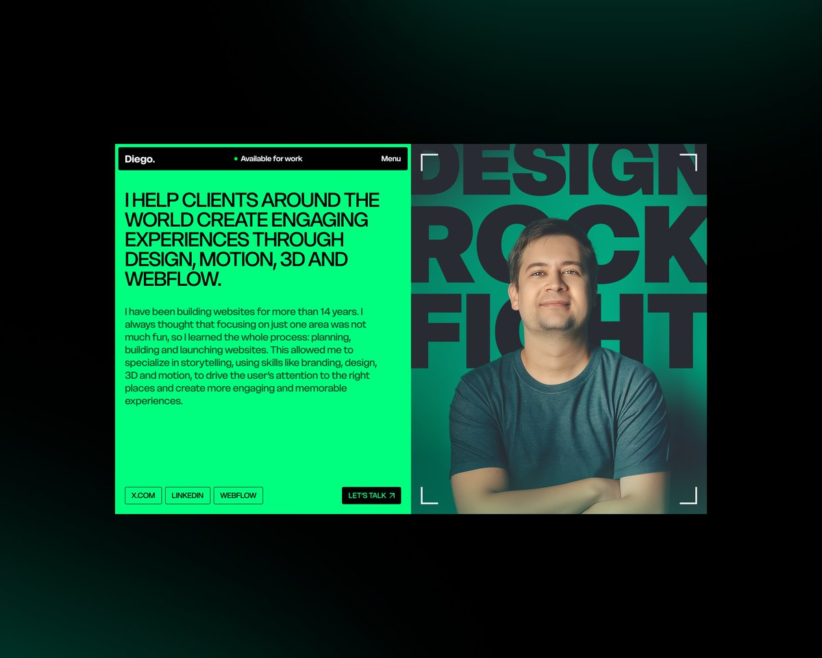 dieg0liv's tweet image. About section for my new @webflow portfolio website. Still WIP specially copy-wise. @figma AI is pretty good at removing backgrounds, works like magic.