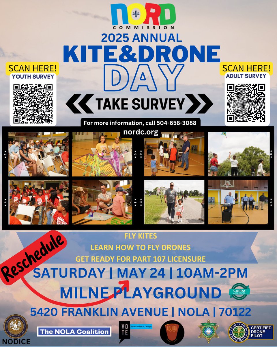 🪁🚁 Free fun for all ages with kite flying + hands-on drone lessons. More info at ow.ly/vBLP50VRfAf or call 504-658-3088. #KiteAndDroneDay #NORDC #NOLAEvents

(Youth Survey)
ow.ly/abgY50VRfAj

(Adult Survey)
ow.ly/IN2C50VRfAi