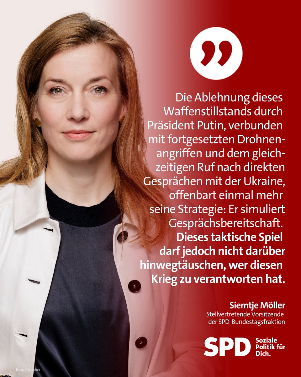 seeheimer's tweet image. Taktische Spielchen, die ein Ende des Krieges verhindern.
Siemtje Möller, stellvertretende Vorsitzende der SPD-Bundestagsfraktion und zuständig für Außenpolitik, stellt klar: Wer weiter Angriffe auf die Ukraine fliegt und gleichzeitig Gespräche anbietet, betreibt bewusste…