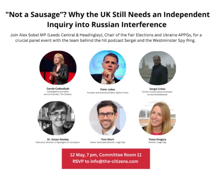 Carole Cadwalladr (@carolecadwalla) on Twitter photo MPs! An important event on how our elections are at grave risk from foreign interference while Russia continues a campaign of sabotage across Europe.
Tonight: Committee Room 11, 7pm. Please join <a href="/alexsobel/">Alex Sobel MP for Leeds Central and Headingley</a> & <a href="/peterjukes/">Peter Jukes</a> & the star of the Sergei & the Westminster Spy podcast MPs! An important event on how our elections are at grave risk from foreign interference while Russia continues a campaign of sabotage across Europe.
Tonight: Committee Room 11, 7pm. Please join <a href="/alexsobel/">Alex Sobel MP for Leeds Central and Headingley</a> & <a href="/peterjukes/">Peter Jukes</a> & the star of the Sergei & the Westminster Spy podcast