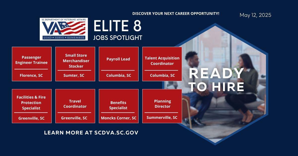 🎖️ Veterans: Your Next Mission Starts Here!
Looking for your next career opportunity? SCDVA is committed to helping Veterans transition into meaningful employment with our Elite8 Jobs Spotlight!

Start your journey today 👉 buff.ly/9a7t698