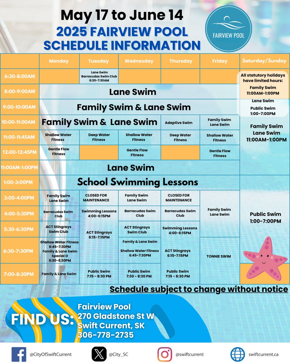 Swift Current (@city_sc) on Twitter photo Fairview Pool is now OPEN!
View the schedules and much more at swiftcurrent.ca/aquatics Fairview Pool is now OPEN!
View the schedules and much more at swiftcurrent.ca/aquatics