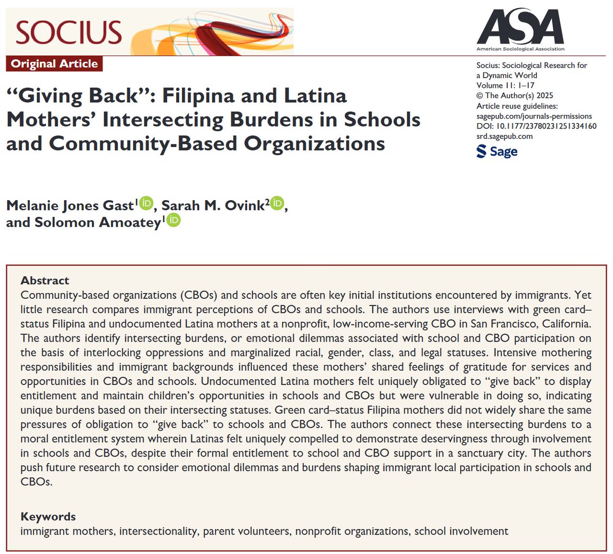 🧡 Gratitude, but at what cost?

New #Socius study by Drs. Gast, Ovink &amp; Amoatey shows how #undocumented Latina mothers face intersecting burdens of #immigration, #motherhood &amp; #deservingness—feeling pressure to “give back” in schools &amp; CBOs.

Read: doi.org/10.1177/237802…