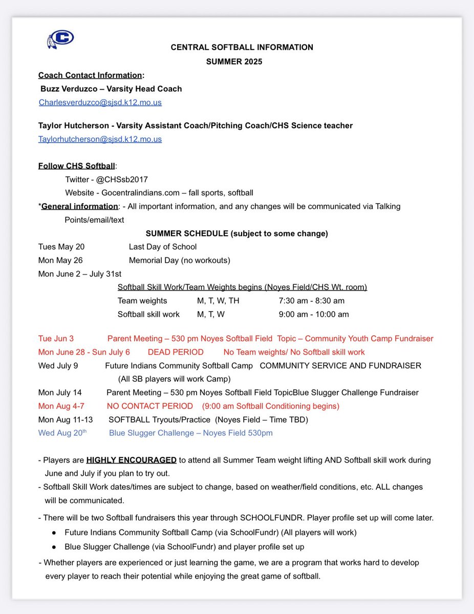 It’s about that time again! 👏🏼🥎
Please refer to the picture below regarding our summer schedule and some important upcoming meetings! Contact Coach Buzz or Coach Hutch for any questions you may have!