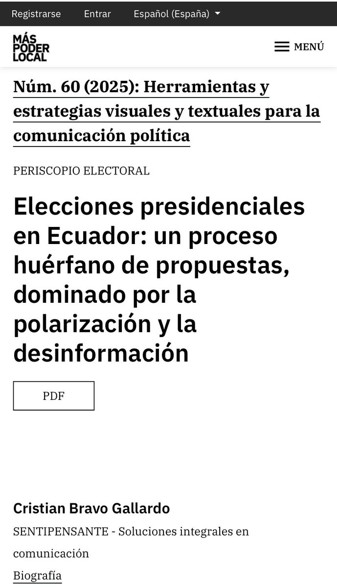 Comparto mi artículo ✍️✍️ “Elecciones presidenciales en Ecuador: un proceso huérfano de propuestas, dominado por la polarización y la desinformación”, realizado para la Revista @maspoderlocal Edición No. 60

Pueden revisarlo en el siguiente link: 👇🏼👇🏼maspoderlocal.com/index.php/mpl