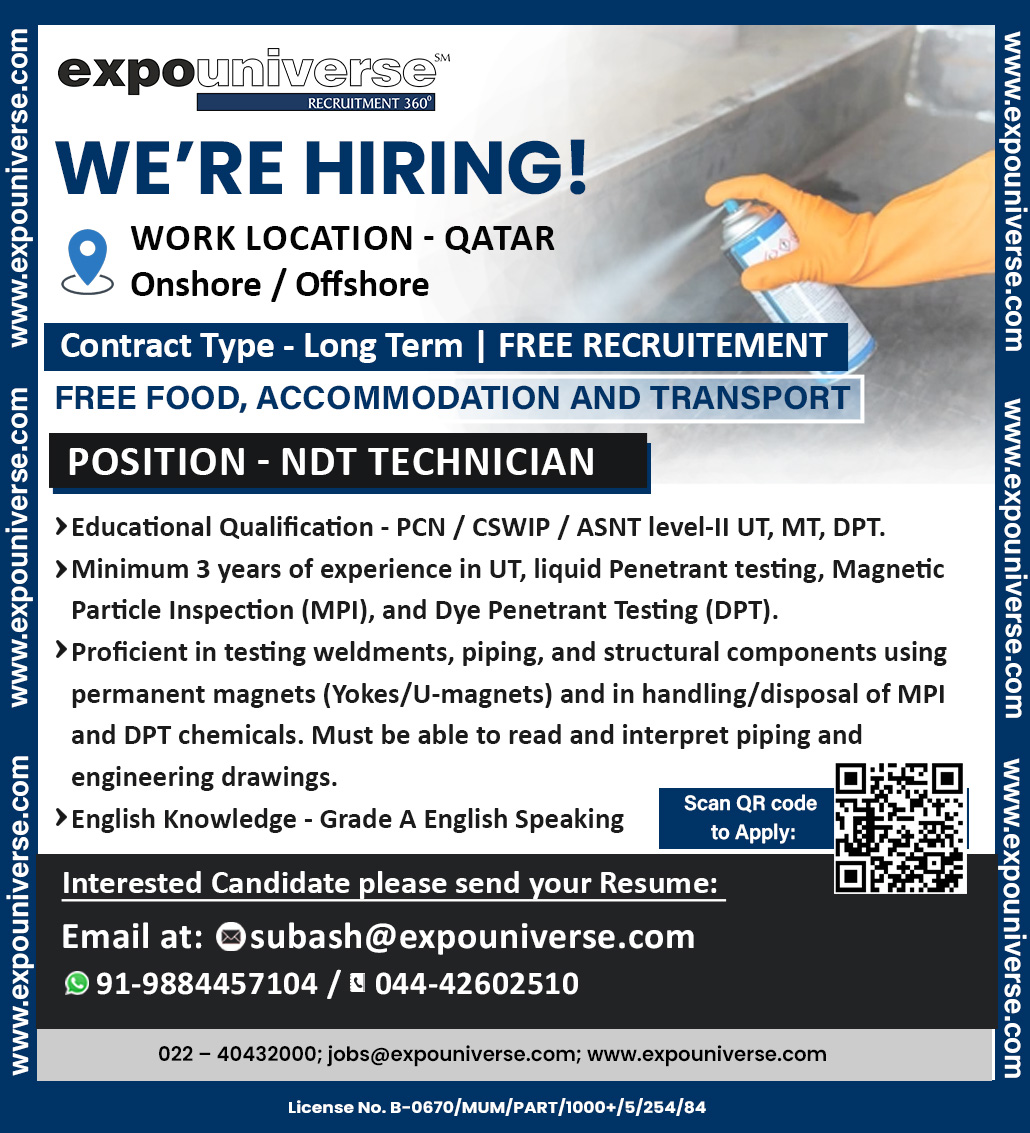 expouniversejob's tweet photo. Attention #jobseekers our clients are #nowhiring, for the fastest way to upload your #CV use the link https://t.co/7o8PAsbCcp
#NDTTechnician #HiringNow #QatarJobs #OilAndGasJobs #NDTJobs #UTTesting #MPIInspection #DPTTesting #OffshoreJobs #OnshoreJobs #FreeRecruitment #GulfJobs https://t.co/JctxhzRStl