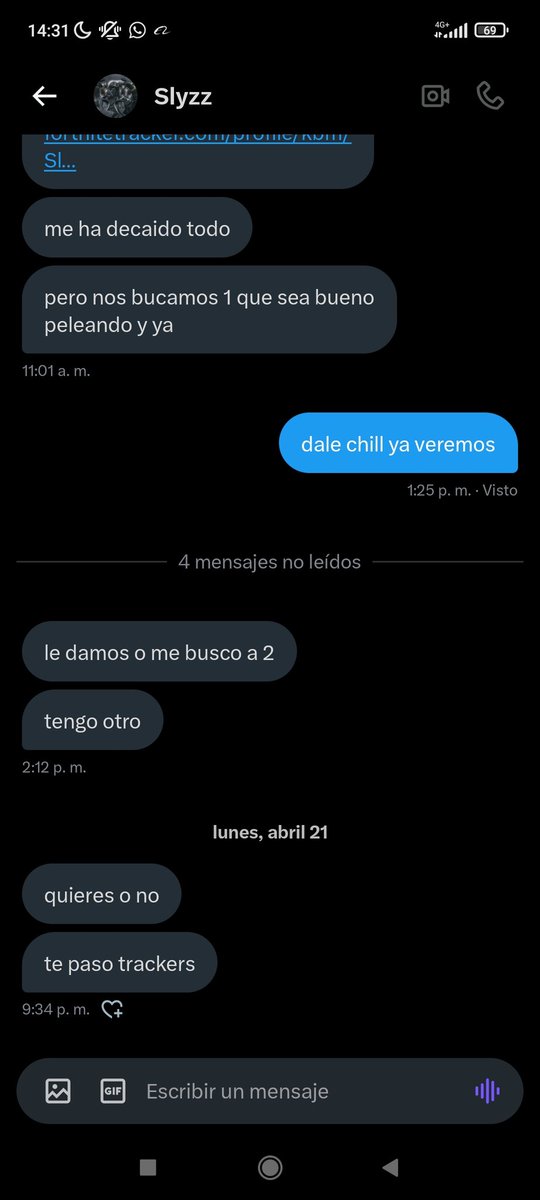 no entiendo q le pasa a la gente, estoy solo persiguiendo un sueño quiero llegar lejos a nivel competitivo y no me meto junca con nadie solo trato de demostrar mi nivel y gente como <a href="/SlyzzFN__/">Slyzz</a> diga esto y luego tirandome al dm que quiere jugar conmigo?