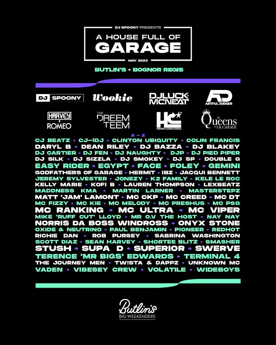 This coming weekend 16-19 May I’ll be joining a stacked lineup of UK Garage legends for A House Full Of Garage @ Butlins Bognor Regis

Catch me Friday 17:00 @ Rosso stage playing Fresh &amp; Upfront UK Garage bangers.

Massive shout out to <a href="/DJSpoony/">DJ SPOONY</a> for the invite🙌

#UKG #UKGarage
