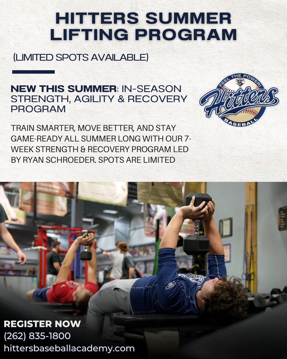 hittersbaseba11's tweet image. Summer strength starts here. Our Lifting Program is built to make athletes faster, stronger, and more explosive on the field.
 📅 Limited spots available—secure yours now before they’re gone.
 🔗 hittersbaseballacademy.com

 #HittersBaseball #SummerStrength #AthleteTraining