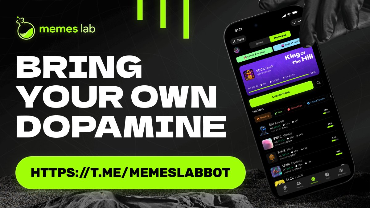 BYOD.

Bring Your Own Dopamine.

One tap. One trade. One possible life-changing W.

Welcome to Memes Lab: t.me/MemesLabBot