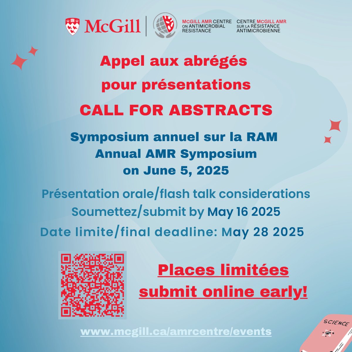The abstract submission for the 2025 Annual AMR Symposium is now open! Places are limited, so submit early at mcgill.ca/amrcentre/even…