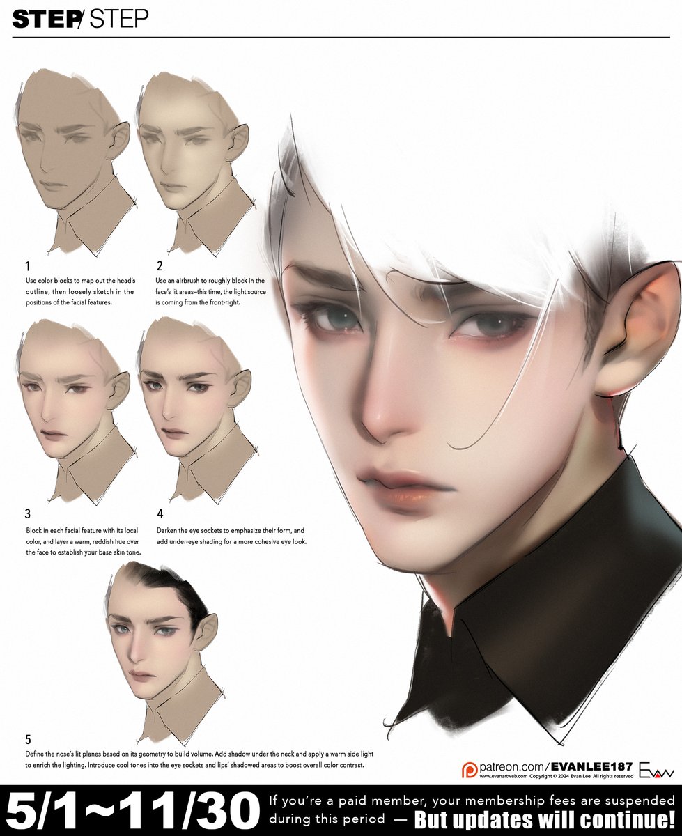 EVANLEE082's tweet image. A follower recently asked for a short‐hair demo, so I began with a male face in a three-quarter view. In the coming weeks, I’ll use this base to showcase various hairstyles and how they play with facial lines—stay tuned!
#evanlee #patreon #joinmypatreon #togettherecord #andpsd