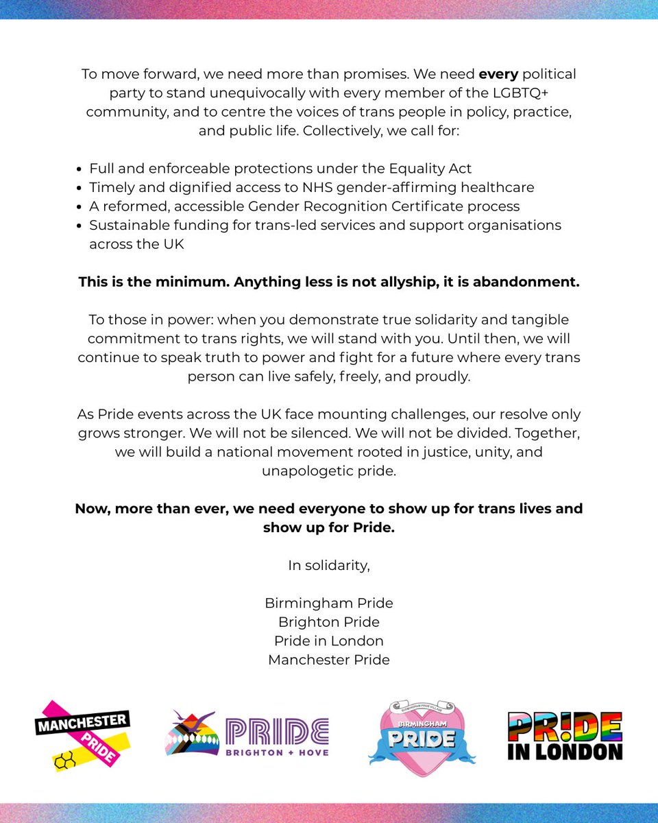 Standing Together: A United Front For Trans Rights 🏳️‍⚧️ [Visual description: Three graphics showing a joint statement from Birmingham Pride, Brighton Pride, Pride in London and Manchester Pride.