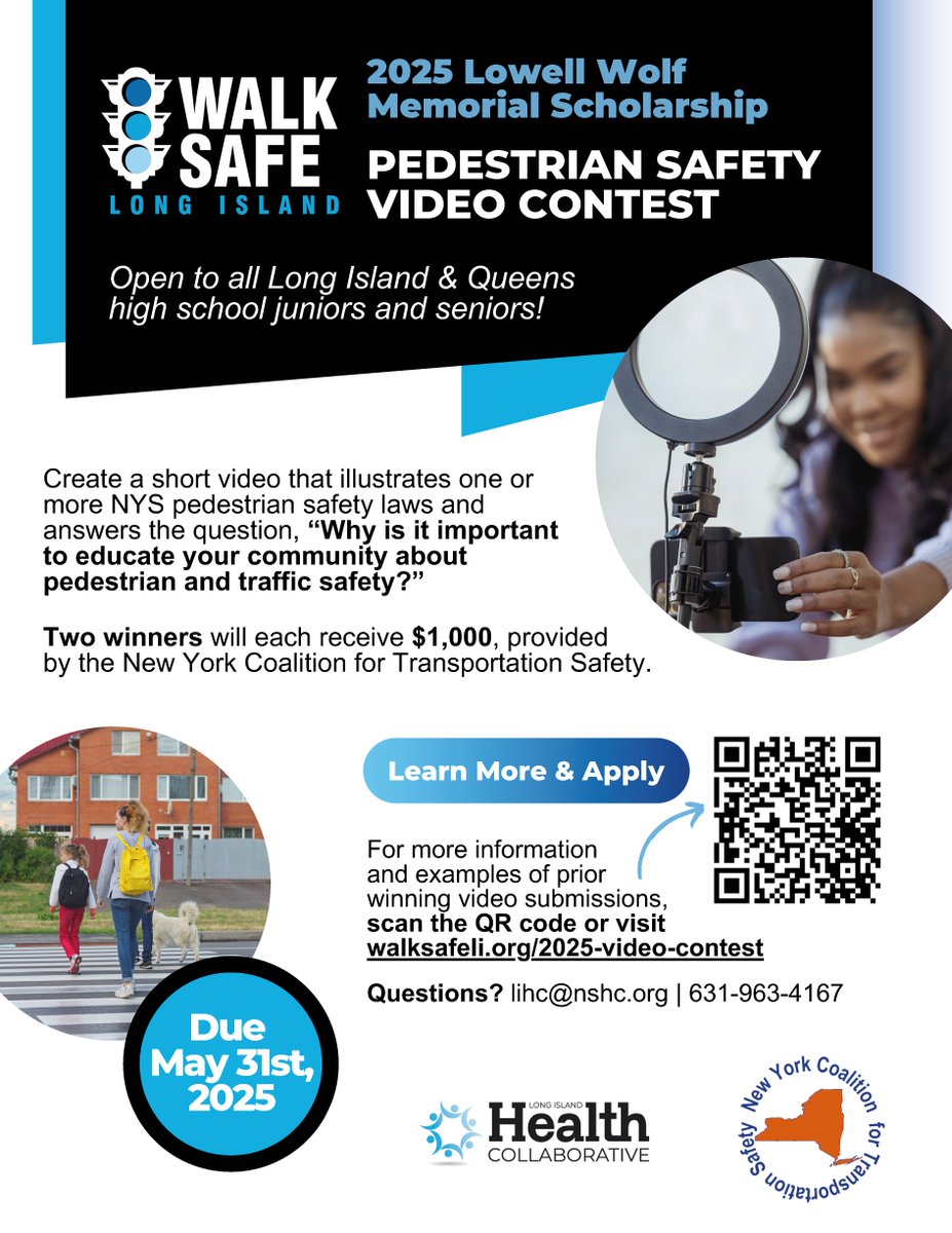 🚨 Walk Safe Long Island Scholarship Opportunity 🚨 

Calling all high school juniors and seniors in Queens and Long Island! Submit your original video about pedestrian or bike safety and 💰WIN $1,000💰 for college. Learn more and submit before May 31: bit.ly/3XsXzth