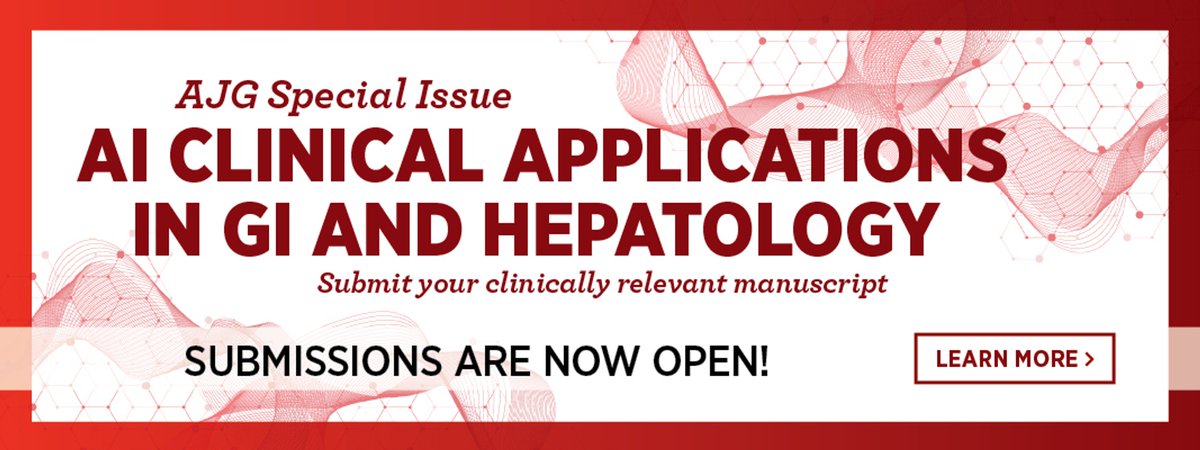 Submit Your Manuscripts! AJG Special Issue on AI in GI

Seeking manuscripts that explore the clinical use of AI applications across the full spectrum of clinical applications in GI &amp; liver diseases. Submissions due August 31.

➡️gi.org/call-for-papers⬅️
