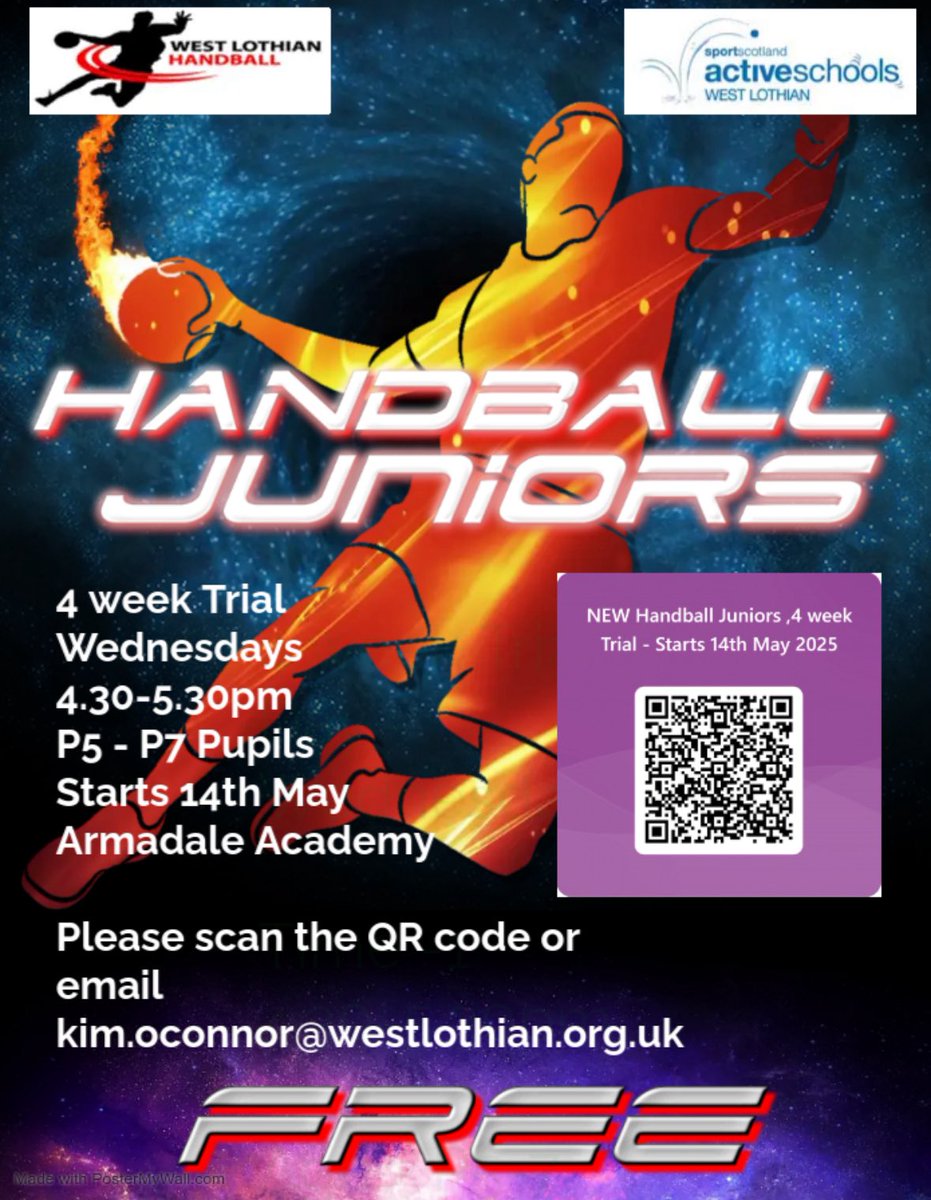 Scottish Handball Association (@scothandball) on Twitter photo FREE Handball Juniors Trial!
P5–P7 pupils, come try handball at Armadale Academy!
Wednesdays, 4:30–5:30PM
4-week trial starts 14 May 2025
Scan the QR code or email kim.oconnor@westlothian.org.uk to join! FREE Handball Juniors Trial!
P5–P7 pupils, come try handball at Armadale Academy!
Wednesdays, 4:30–5:30PM
4-week trial starts 14 May 2025
Scan the QR code or email kim.oconnor@westlothian.org.uk to join!