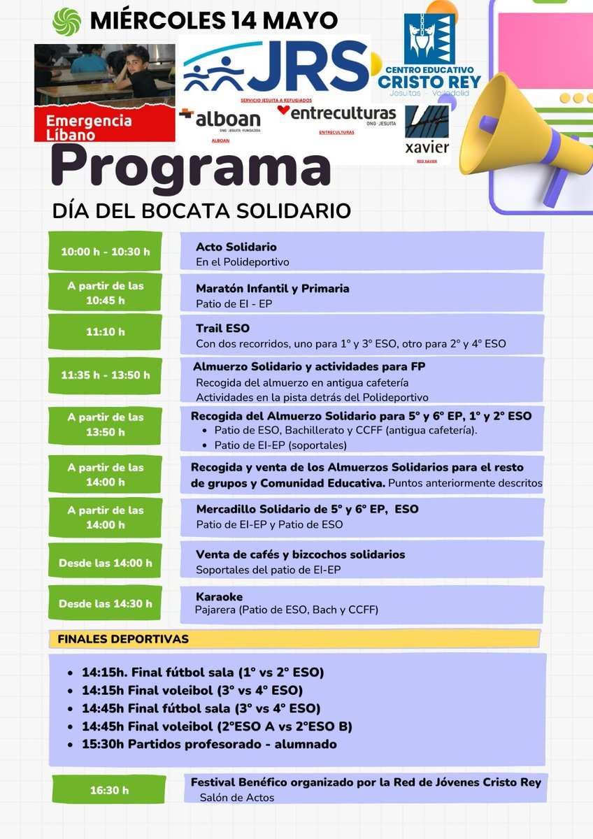 🫂 Campaña Solidaria 🫂
Durante las últimas semanas hemos llevado a cabo nuestra Campaña Solidaria con el proyecto de <a href="/Entreculturas/">Entreculturas</a> "Emergencia en el Líbano".

🎉 El próximo miércoles celebraremos el gran día del bocata solidario.
¡No te pierdas todo lo que tenemos preparado!👇