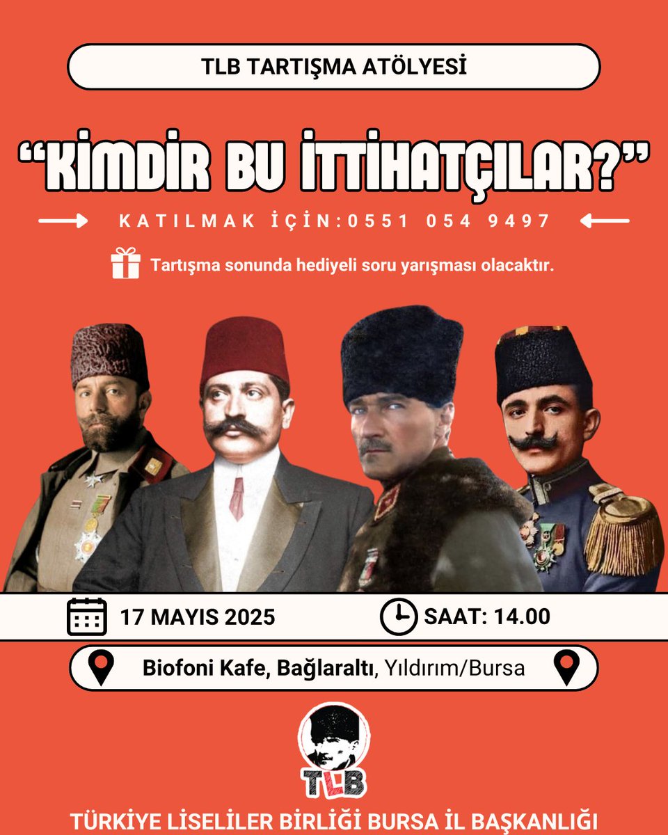 Mirasını benimsiyor, mücadelesini sürdürüyor ve sahip çıkıyoruz.

Ancak kendimize "Kimdir Bu İttihatçılar?" diye sorduk mu hiç? 

TLB Bursa olarak bu soruyu cevaplandırmak üzere "Kimdir Bu İttihatçılar?" Başlıklı tartışma atölyemizde buluşuyoruz.

🗓17 Mayıs
🕒14.00
📍Bifoni Kafe