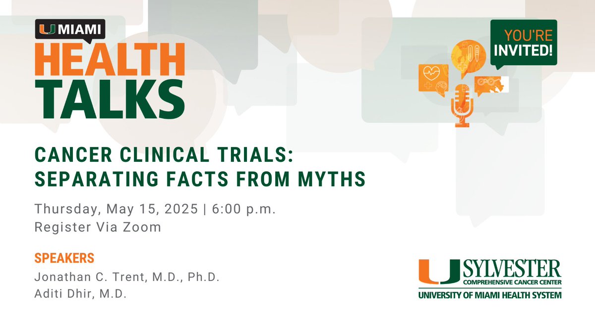 Sylvester Comprehensive Cancer Center (@sylvestercancer) on Twitter photo Join our Sylvester experts Drs. Jonathan Trent (<a href="/JTrentMDPhD/">Jon Trent, MD, PhD</a>) and Aditi Dhir (<a href="/AditiDhirMD/">Aditi Dhir</a>) for a free informational webinar, UMiami Health Talk: Cancer Clinical Trials: Separating Fact from Myths. Register today: loom.ly/Wj1ednM
In this session, our specialists will Join our Sylvester experts Drs. Jonathan Trent (<a href="/JTrentMDPhD/">Jon Trent, MD, PhD</a>) and Aditi Dhir (<a href="/AditiDhirMD/">Aditi Dhir</a>) for a free informational webinar, UMiami Health Talk: Cancer Clinical Trials: Separating Fact from Myths. Register today: loom.ly/Wj1ednM
In this session, our specialists will