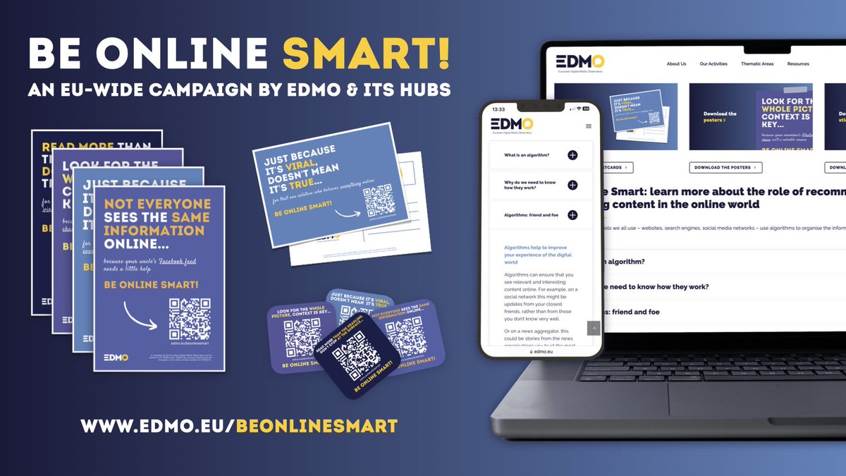 🥁 We're thrilled to launch #BeOnlineSmart – a new #EU-wide #medialiteracy campaign by EDMO and its 14 EDMO Hubs! 

🚀 edmo.eu/beonlinesmart
🇭🇷🇸🇮🇪🇪🇱🇻🇱🇹🇧🇪🇳🇱🇧🇬🇷🇴🇸🇰🇨🇿🇵🇱🇫🇷🇱🇺🇦🇹🇩🇪🇭🇺🇪🇸🇵🇹🇮🇹🇮🇪🇬🇷🇨🇾🇲🇹🇩🇰🇸🇪🇳🇴🇫🇮 

🤝 <a href="/ADMOeu/">ADMO</a> <a href="/BECID_EDMO/">BECID</a> <a href="/BENEDMO_hub/">BENEDMO_hub</a> <a href="/BROD_EDMO/">BROD</a> <a href="/CEDMOhub/">CEDMO</a> <a href="/CedmoPoland/">CEDMO Polska</a> <a href="/CedmoCz/">CEDMO CZ</a>