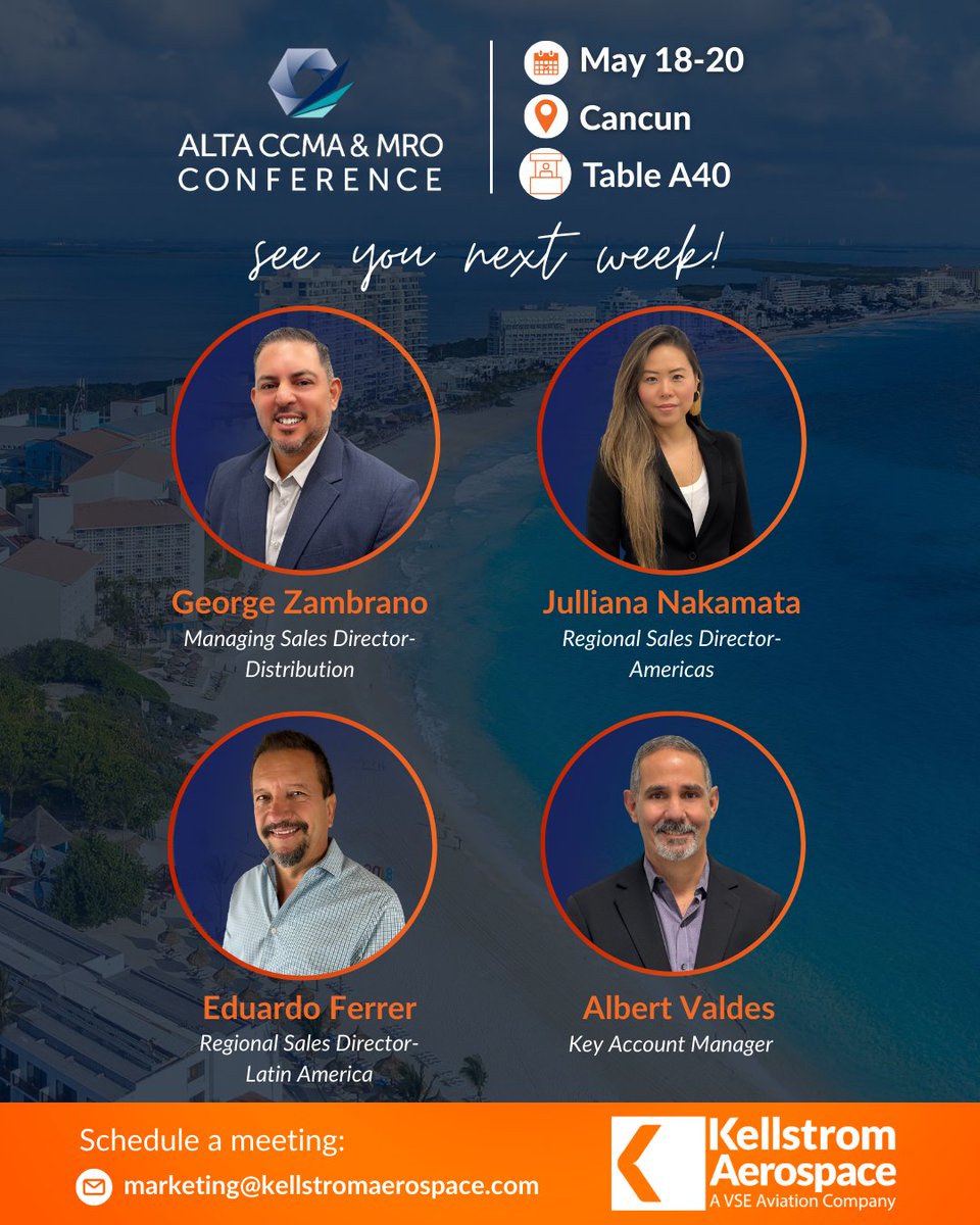 Our team is looking forward to meeting you next week in Cancun for ALTA/CCMA! ✈️

To schedule a meeting in advance, please email us at 📨 marketing@kellstromaerospace.com 

#ALTA #CCMA #KellstromAerospace #Aviation
