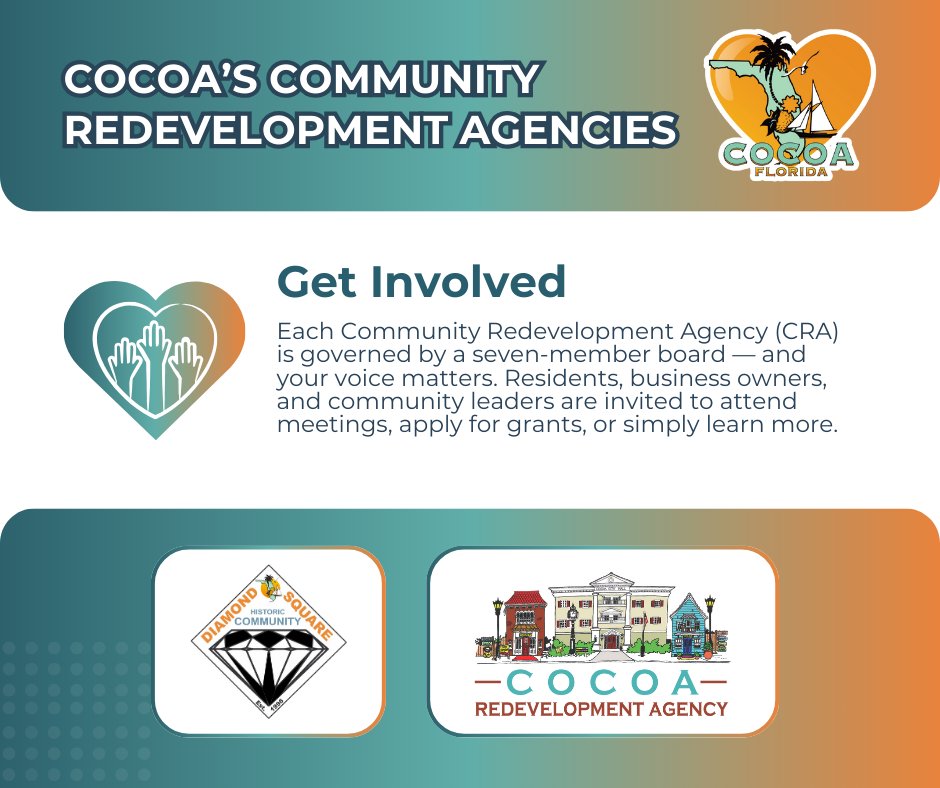 CityofCocoa's tweet image. You can be a part of the redevelopment happening right here in Cocoa! Your voice matters. Residents, business owners, and community leaders are invited to attend meetings, apply for grants, or simply learn more.

Link to Cocoa’s CRAs: cocoafl.gov/1724/Community…

#RedevelopmentWorks