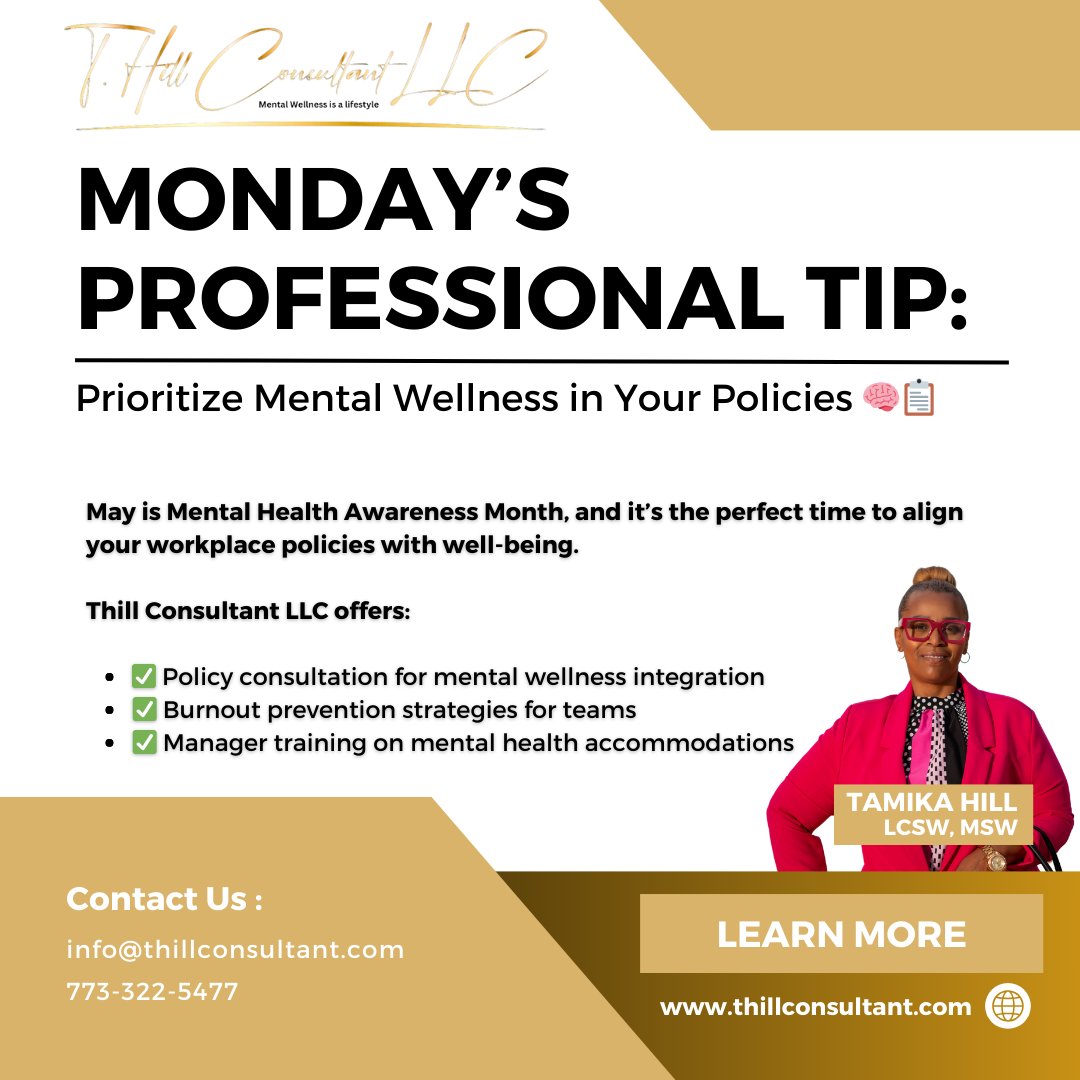 Tamika Hill (@thillconsultant) on Twitter photo π 773-322-5477 | βοΈ info@thillconsultant.com
π thillconsultant.com
#MentalHealthAtWork #PolicyMatters #WorkplaceWellbeing #ThillConsultant π 773-322-5477 | βοΈ info@thillconsultant.com
π thillconsultant.com
#MentalHealthAtWork #PolicyMatters #WorkplaceWellbeing #ThillConsultant