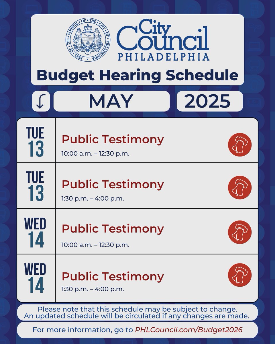 #PHLBudget Hearings begin on Tuesday, May 13, 2025 at 10am in City Council.

Check our FY2026 Budget Center for documents to follow along with the testimony and presentations by going to phlcouncil.com/budget2026