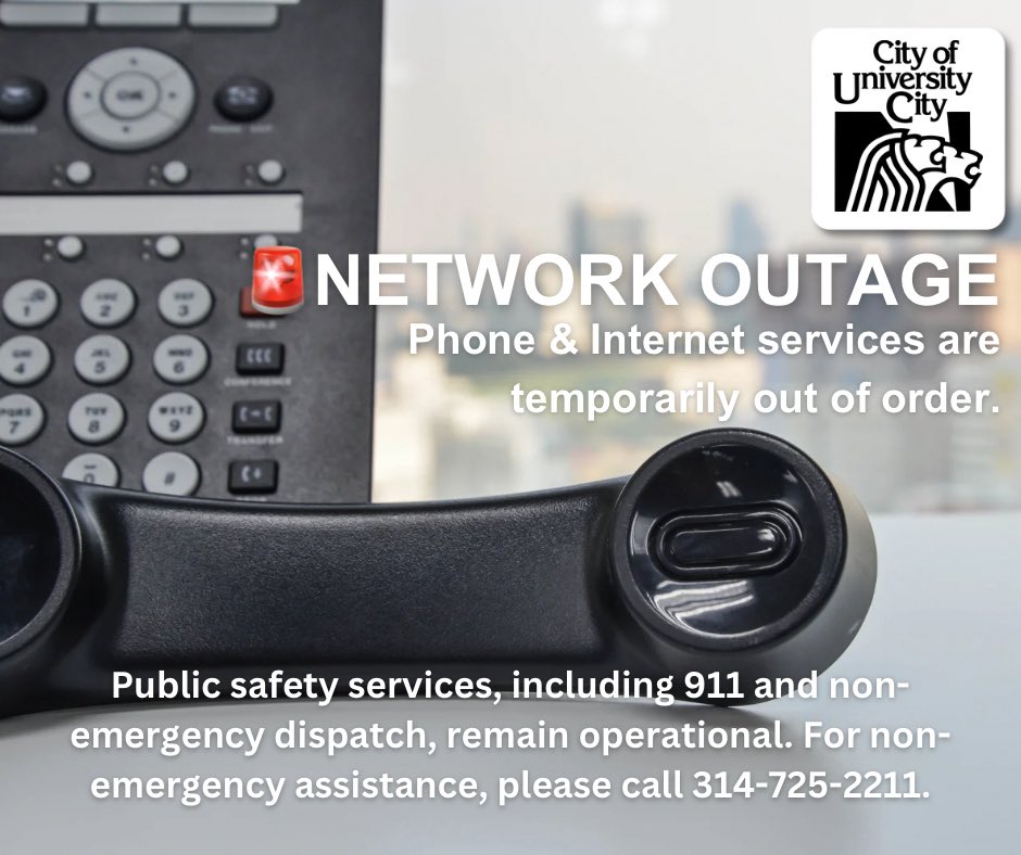 SERVICE UPDATE: City Hall is experiencing a network outage affecting phones &amp; internet. Public safety services (incl. 911 &amp; dispatch) are fully operational. For non-emergency help, call 314-725-2211. Updates to follow—thank you for your patience.