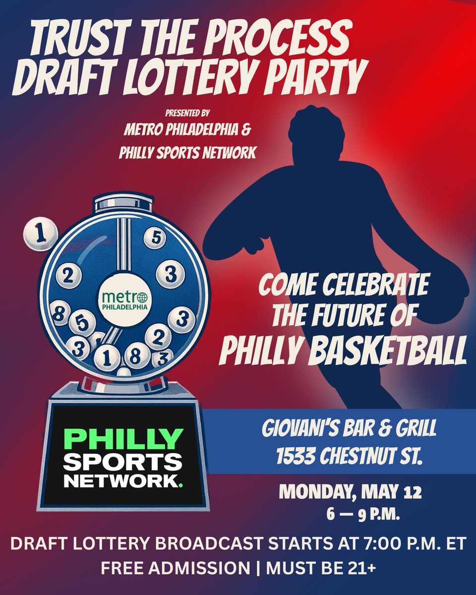 PhiladelphiaSN's tweet image. 🚨TONIGHT🚨

Philly Sports Network and Metro Philadelphia&apos;s NBA Draft Lottery party!!!

Come hang out with the PSN crew as we await the destiny of the Philadelphia 76ers&apos; 2025 first-round pick!