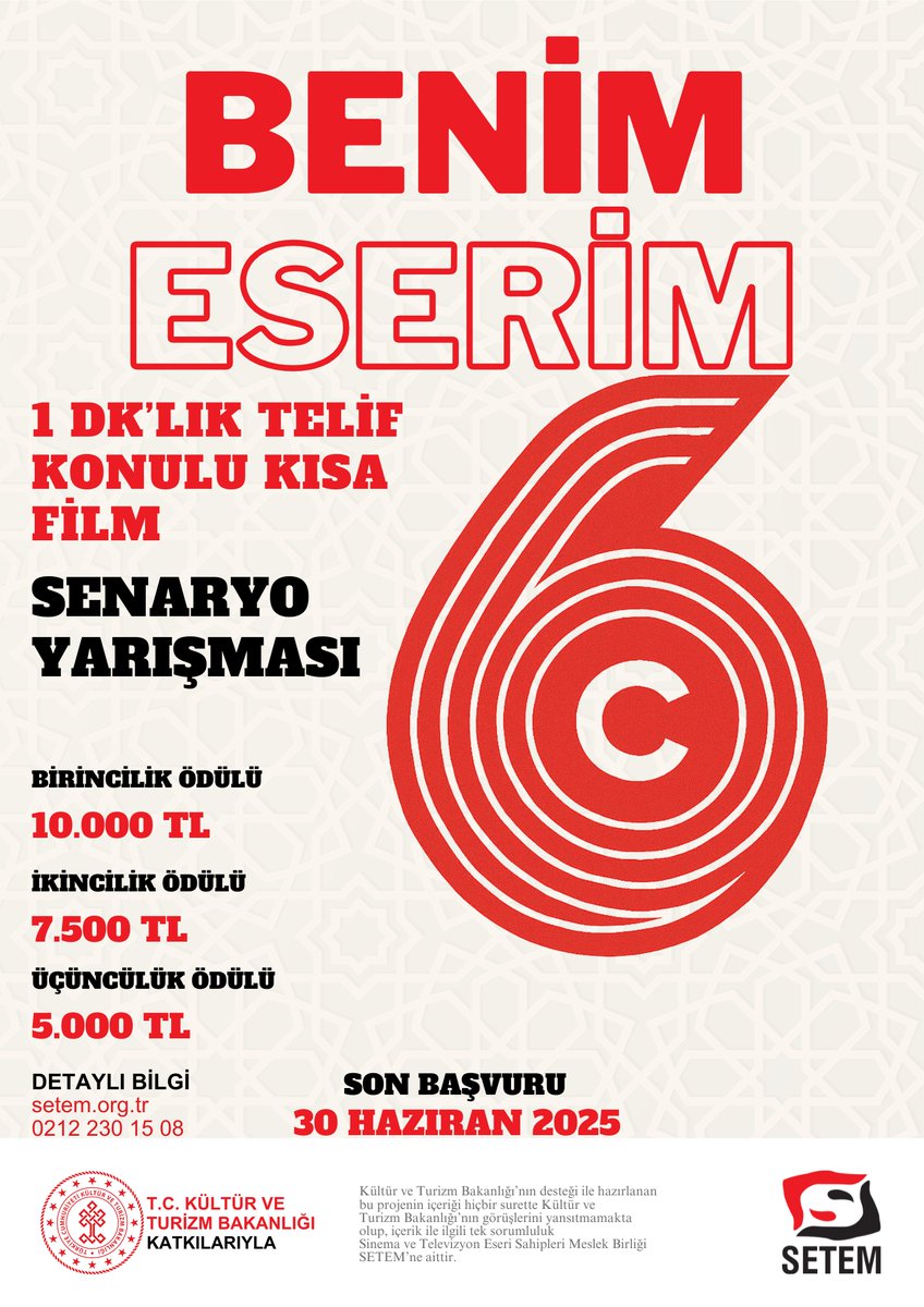 SETEM (@setem_m_b) on Twitter photo Sinema ve Televizyon Eseri Sahipleri Meslek Birliği (SETEM) T.C. Kültür ve Turizm Bakanlığı Telif Hakları Genel Müdürlüğü katkılarıyla “Telif Hakları” konulu senaryo yarışmasının altıncısını düzenliyor.
Bilgi için setem.org.tr
<a href="/TCKulturTurizm/">T.C. Kültür ve Turizm Bakanlığı</a> Sinema ve Televizyon Eseri Sahipleri Meslek Birliği (SETEM) T.C. Kültür ve Turizm Bakanlığı Telif Hakları Genel Müdürlüğü katkılarıyla “Telif Hakları” konulu senaryo yarışmasının altıncısını düzenliyor.
Bilgi için setem.org.tr
<a href="/TCKulturTurizm/">T.C. Kültür ve Turizm Bakanlığı</a>