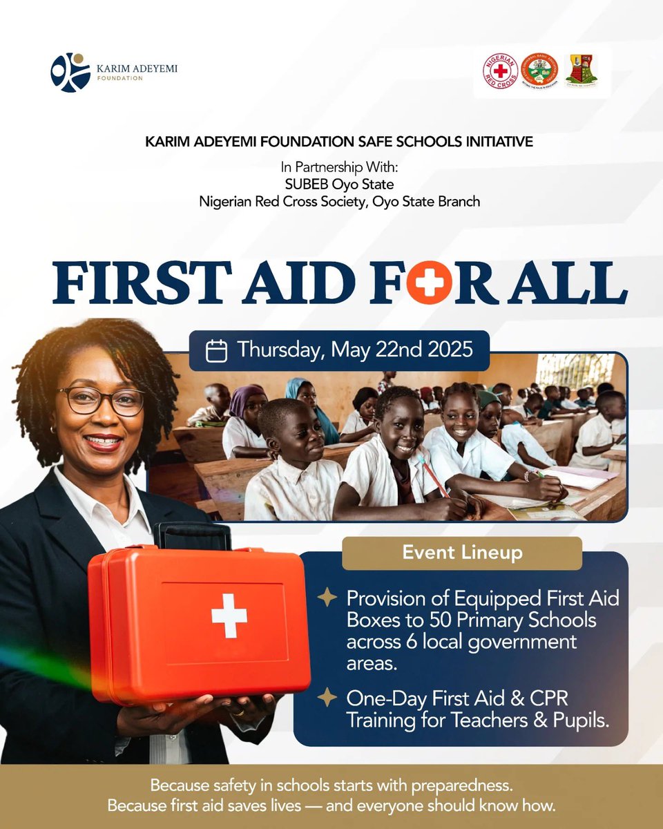 Ibadan247 (@ibadan247) on Twitter photo Every child deserves a safe place to learn. But in many primary schools, the absence of basic emergency care tools can turn minor incidents into major tragedies.
That’s why the <a href="/karimadeyemifdn/">Karim Adeyemi Foundation</a>, in partnership with SUBEB Oyo and the Nigerian Red Cross Society, is launching… Every child deserves a safe place to learn. But in many primary schools, the absence of basic emergency care tools can turn minor incidents into major tragedies.
That’s why the <a href="/karimadeyemifdn/">Karim Adeyemi Foundation</a>, in partnership with SUBEB Oyo and the Nigerian Red Cross Society, is launching…