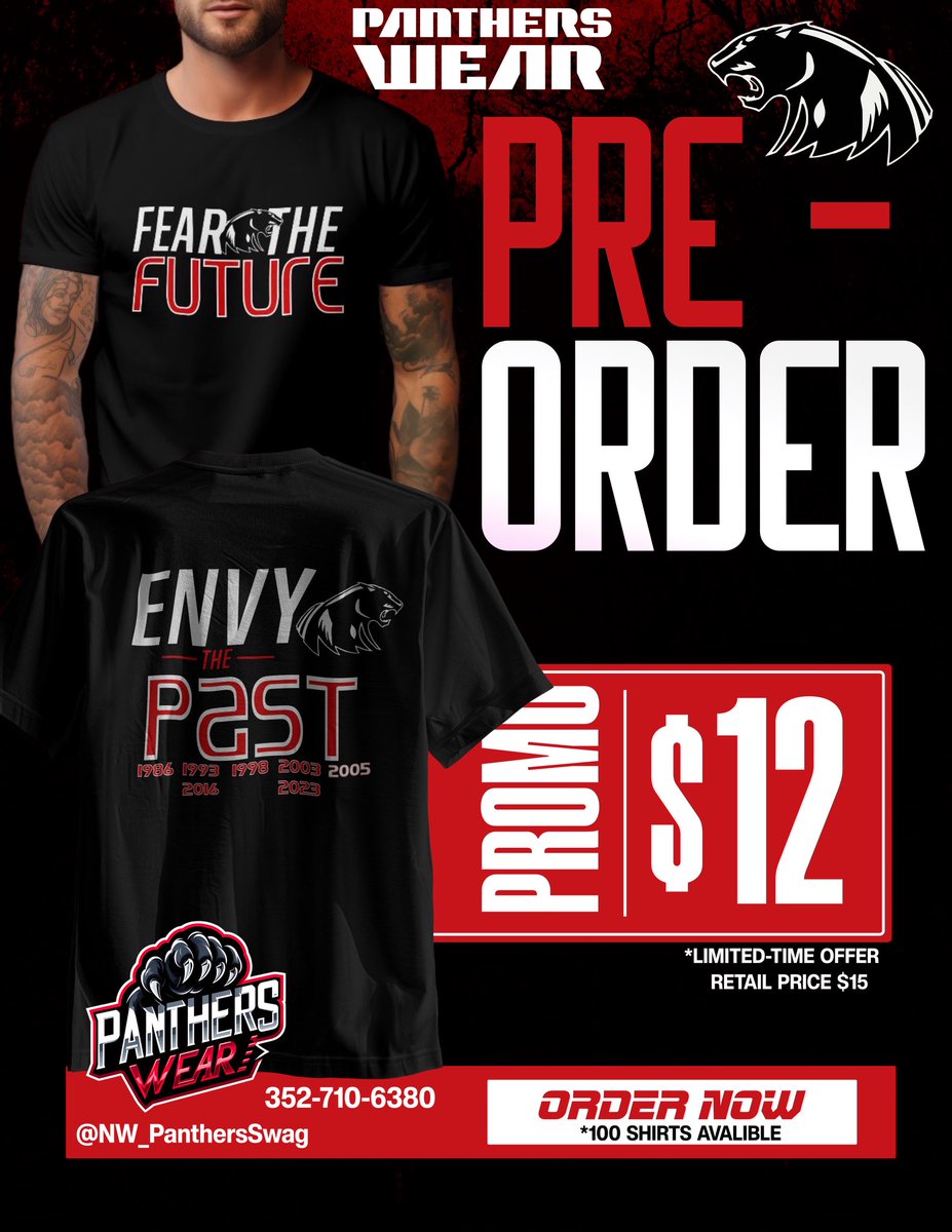 No better time than now to gear up for football season!
Pre-order your shirts now while my new site is in the works.
Promo price valid thru June 10 or first 100 shirts—then just $15!
Be ready for Game 1!
Order here: forms.gle/tSuWfmQUCurvMf…

#FootballSeason #PreOrder #PanthersWear