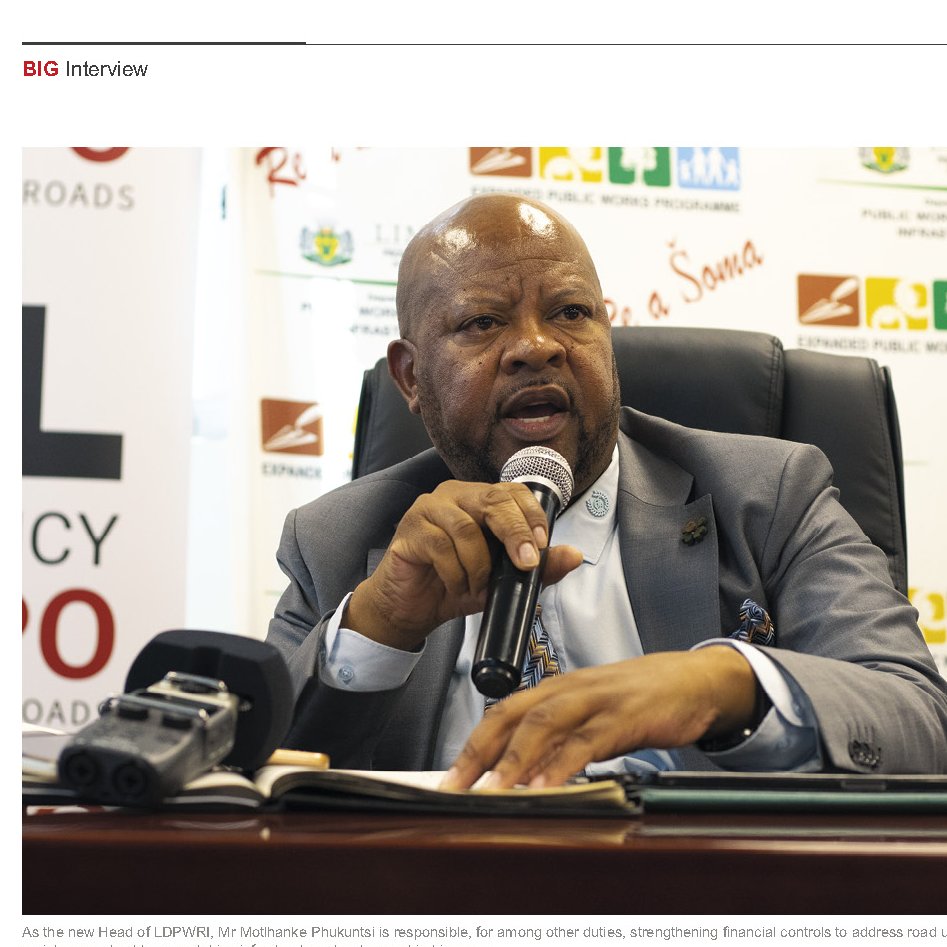 Roads Agency Limpopo (@roadsagency) on Twitter photo Meet the newly appointed Head of Department (HoD) for the <a href="/LDPWRI/">Limpopo Department of Public Works, Roads & Infra</a>, Mr Motlhanke Phukuntsi. In this issue of Mmileng, he shares his vision, priorities and leadership approach for the road ahead. Read more on page 27.
ral.co.za/mmileng/
#RALatWork Meet the newly appointed Head of Department (HoD) for the <a href="/LDPWRI/">Limpopo Department of Public Works, Roads & Infra</a>, Mr Motlhanke Phukuntsi. In this issue of Mmileng, he shares his vision, priorities and leadership approach for the road ahead. Read more on page 27.
ral.co.za/mmileng/
#RALatWork