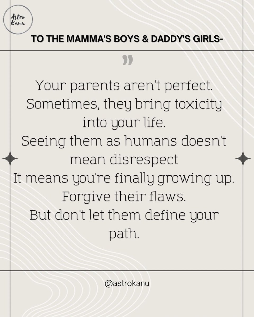 AstroKanu's tweet image. Growing up means seeing your parents as people — not gods. Forgive the flaws. Break the patterns. Choose your own path.

#astrokanu #innerhealing #generationalpatterns #vedicwisdom #selfwork #mindfulness #healing