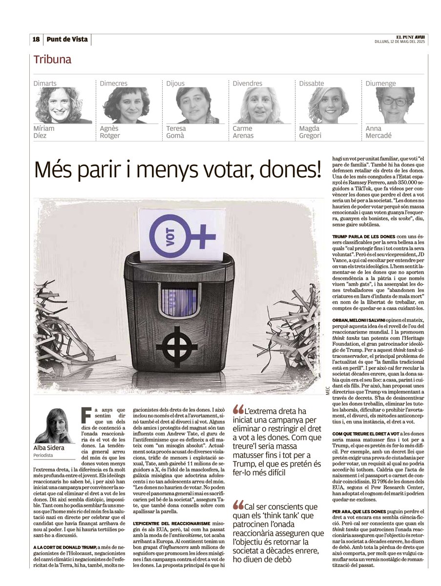 Alba Sidera (@albasidera) on Twitter photo Els ideòlegs reaccionaris, q saben q les dones voten menys l'extrema dreta, han iniciat una campanya per eliminar el dret a vot de les dones. I posar-les al seu lloc: a casa a cuidar fills. Sona distòpic? Els EUA ja fan els primers passos.
L'article d'avui
elpuntavui.cat/opinio/article… Els ideòlegs reaccionaris, q saben q les dones voten menys l'extrema dreta, han iniciat una campanya per eliminar el dret a vot de les dones. I posar-les al seu lloc: a casa a cuidar fills. Sona distòpic? Els EUA ja fan els primers passos.
L'article d'avui
elpuntavui.cat/opinio/article…