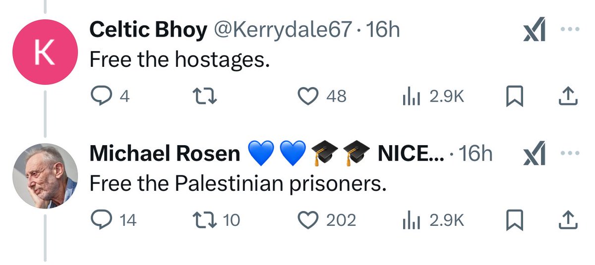 Michael Rosen, beloved children’s author, advocating for the release of terrorists who’ve murdered and tried to murder Jews, whilst equating them with innocent civilians including babies who were kidnapped by an Islamist terrorist organisation.
