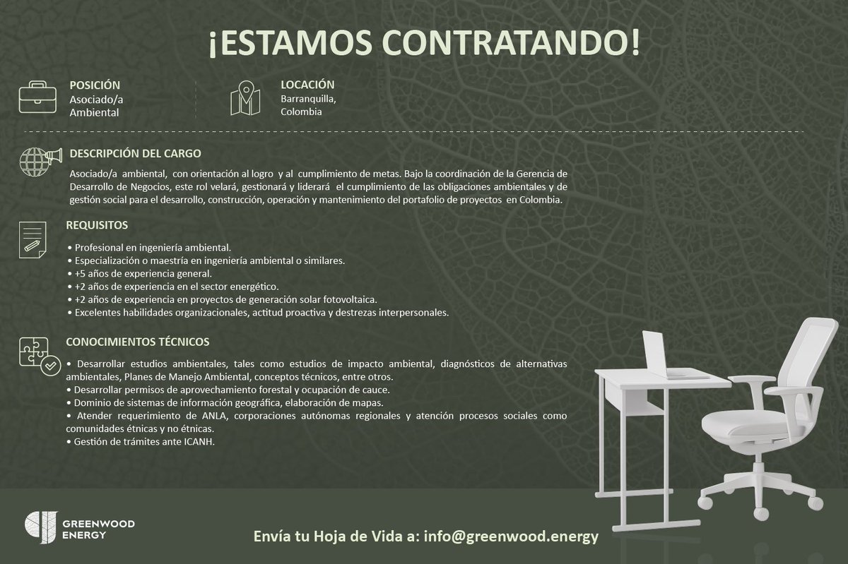 Greenwood Energy (@greenwoodenergy) on Twitter photo #OportunidadLaboral 🚨 – En GWE abrimos una vacante para el cargo de Asociado/a Ambiental en nuestra sede de Barranquilla. Si eres profesional en ingeniería ambiental y tienes experiencia en sector energético ¡te estamos buscando!, envíanos tu CV a info@greenwood.energy #OportunidadLaboral 🚨 – En GWE abrimos una vacante para el cargo de Asociado/a Ambiental en nuestra sede de Barranquilla. Si eres profesional en ingeniería ambiental y tienes experiencia en sector energético ¡te estamos buscando!, envíanos tu CV a info@greenwood.energy