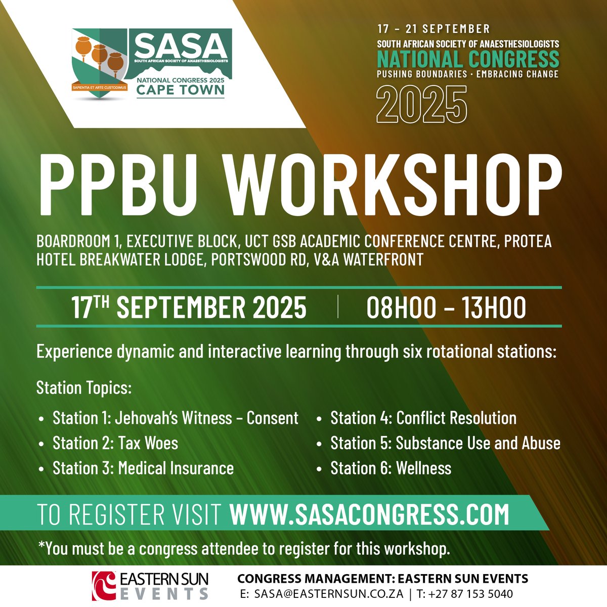 docanaesthetic's tweet image. Engage in dynamic, interactive learning through six themed stations, including topics like consent, tax issues, medical insurance, conflict resolution, substance use, and wellness.
Early registration closes on 31 May 2025 – secure your place now sasacongress.com
#SASA2025
