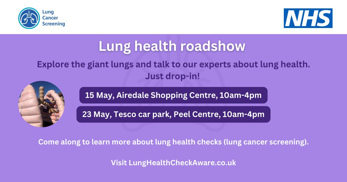 Giant lungs are touring Bradford District to promote lung cancer screening.

📍Airedale Shopping Centre (BD21 3QQ) on 15 May
📍Tesco Superstore, Peel Centre (BD1 4RB) on 23 May

Talk to our experts to find out more about lung health checks, or visit lunghealthcheckaware.co.uk.