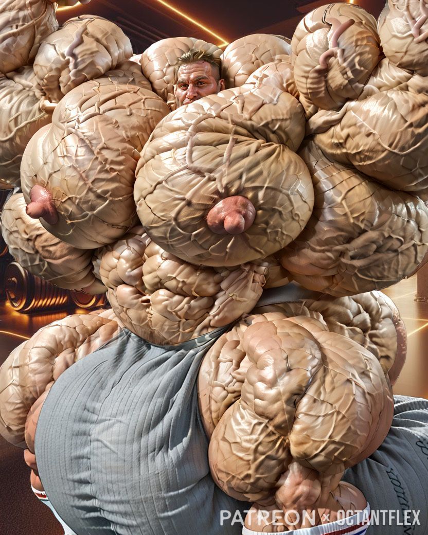 This roided mound of muscle has quite the package to drag behind him.