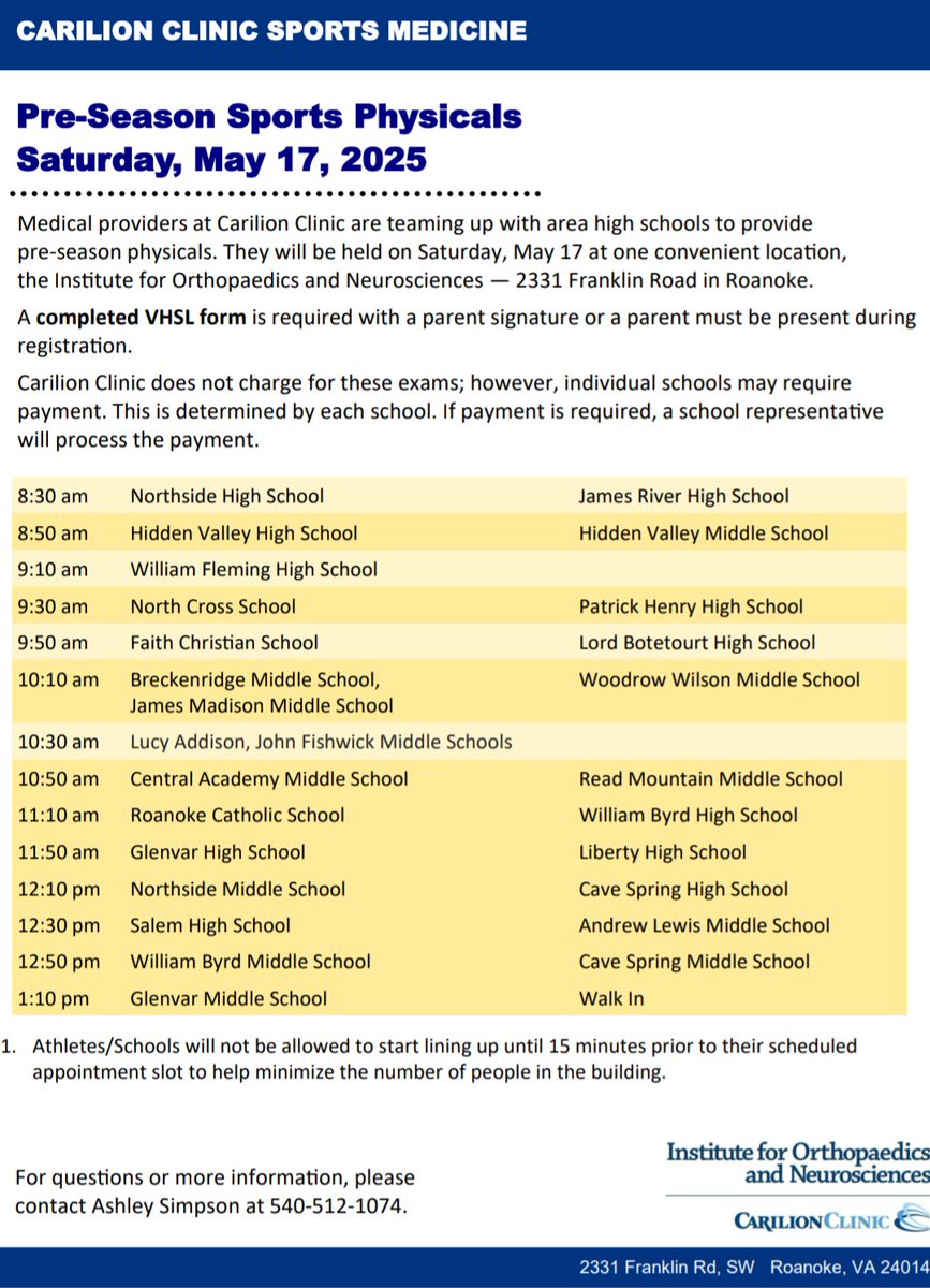 🚨This Saturday free physicals are being offered at the Ion Carilion Clinic. Northside High School has a time slot for 8:30am and Northside Middle School has a time slot for 12:10pm. These physicals will be good for the next 14 months of athletic play.